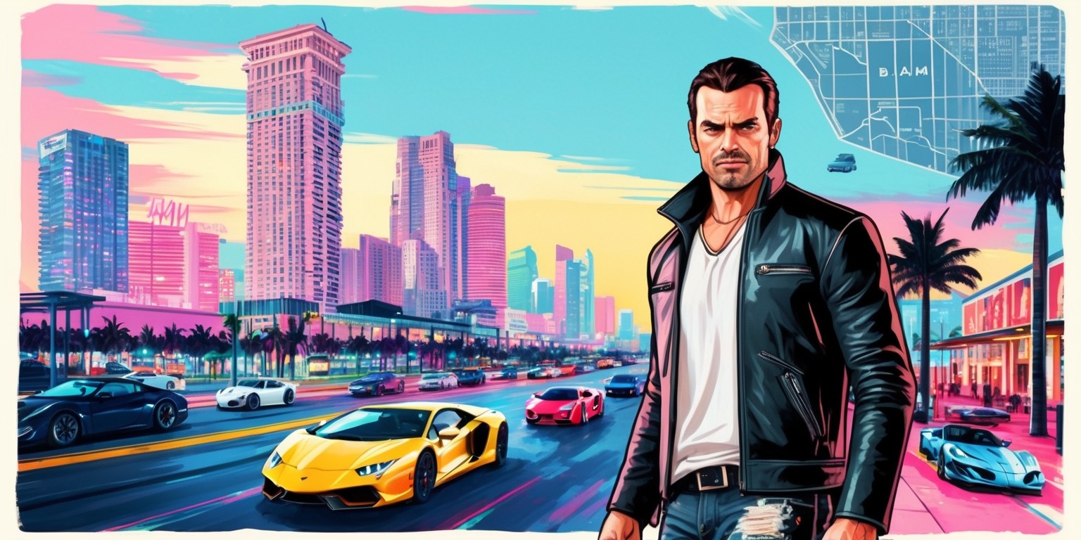 A gritty, cinematic illustration of a fictional cityscape inspired by Miami, with a vibrant color palette of pastel pinks, blues, and yellows, evoking the neon-lit streets of Miami at dusk, with a hint of crime-ridden darkness, set against the artwork of Grand Theft Auto VI, showcasing a busy metropolitan area with towering skyscrapers, bustling streets, and sleek sports cars speeding by, as a charismatic, ruggedly handsome protagonist with a sharp jawline, piercing brown eyes, and a distinctive scar above his left eyebrow, stands confidently in the foreground, dressed in a sleek black leather jacket, white graphic t-shirt, and distressed denim jeans, with a subtle hint of a city map or blueprint in the background, blending urban grit with high-stakes adventure.