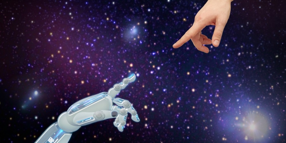 human-and-robot-hands-over-space-background