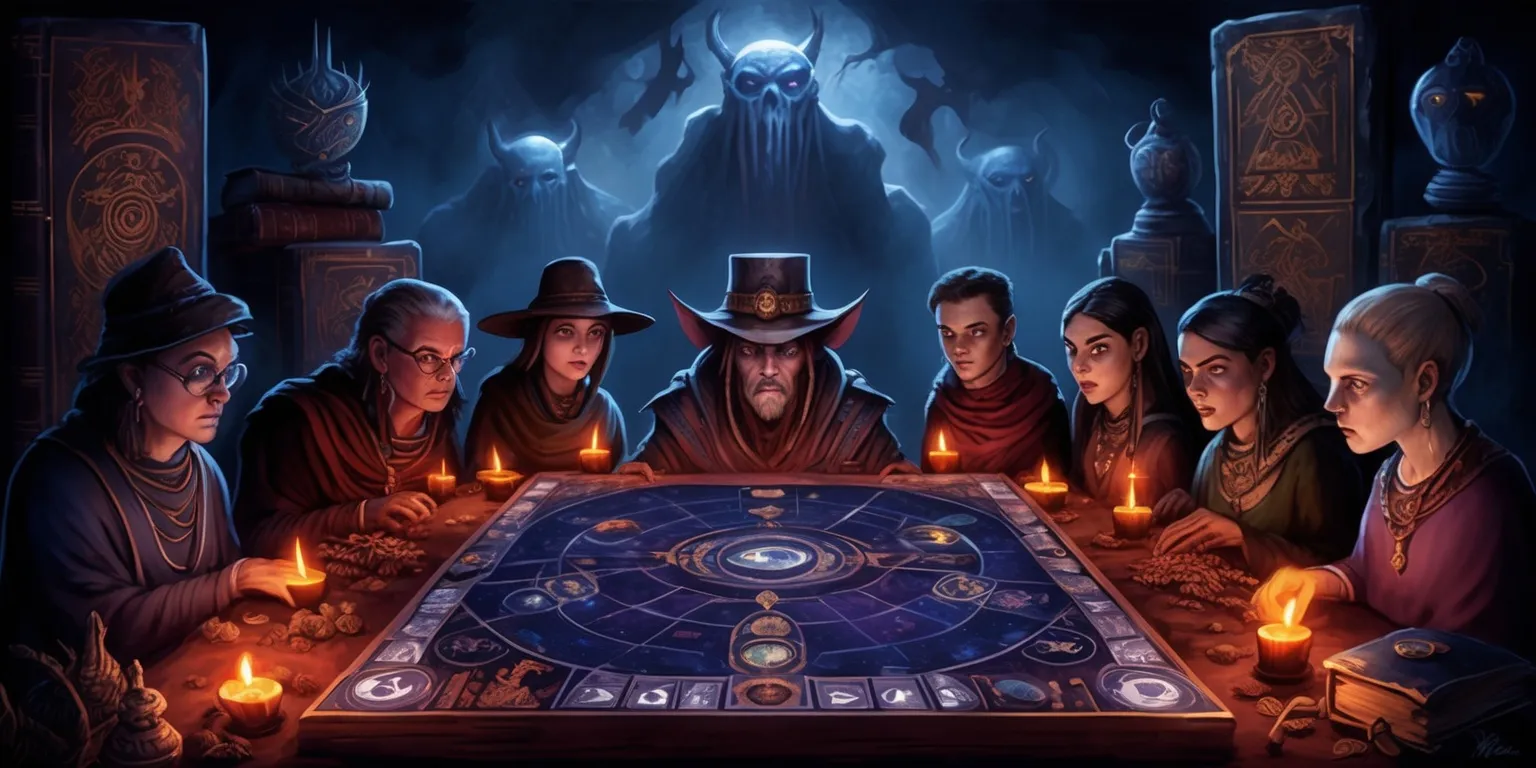 A mystical and ominous scene depicting the Call of the Elder Gods game, with a dark and eerie atmosphere, set against a backdrop of ancient tomes and mysterious artifacts, the color palette is predominantly dark blues and purples, with hints of crimson and gold, the game board is central, with intricate designs and symbols etched into its surface, surrounding the board are players with focused expressions, their skin tones ranging from pale to dark, each with unique attributes such as glasses, hats, or jewelry, their faces illuminated only by the soft glow of candles and dim lanterns, in the background, faint silhouettes of elder gods loom, their presence hinted at through misty, ethereal clouds, the overall style is a blend of horror and fantasy, with bold lines and vivid textures, the layout is cluttered and immersive, drawing the viewer into the world of the game.