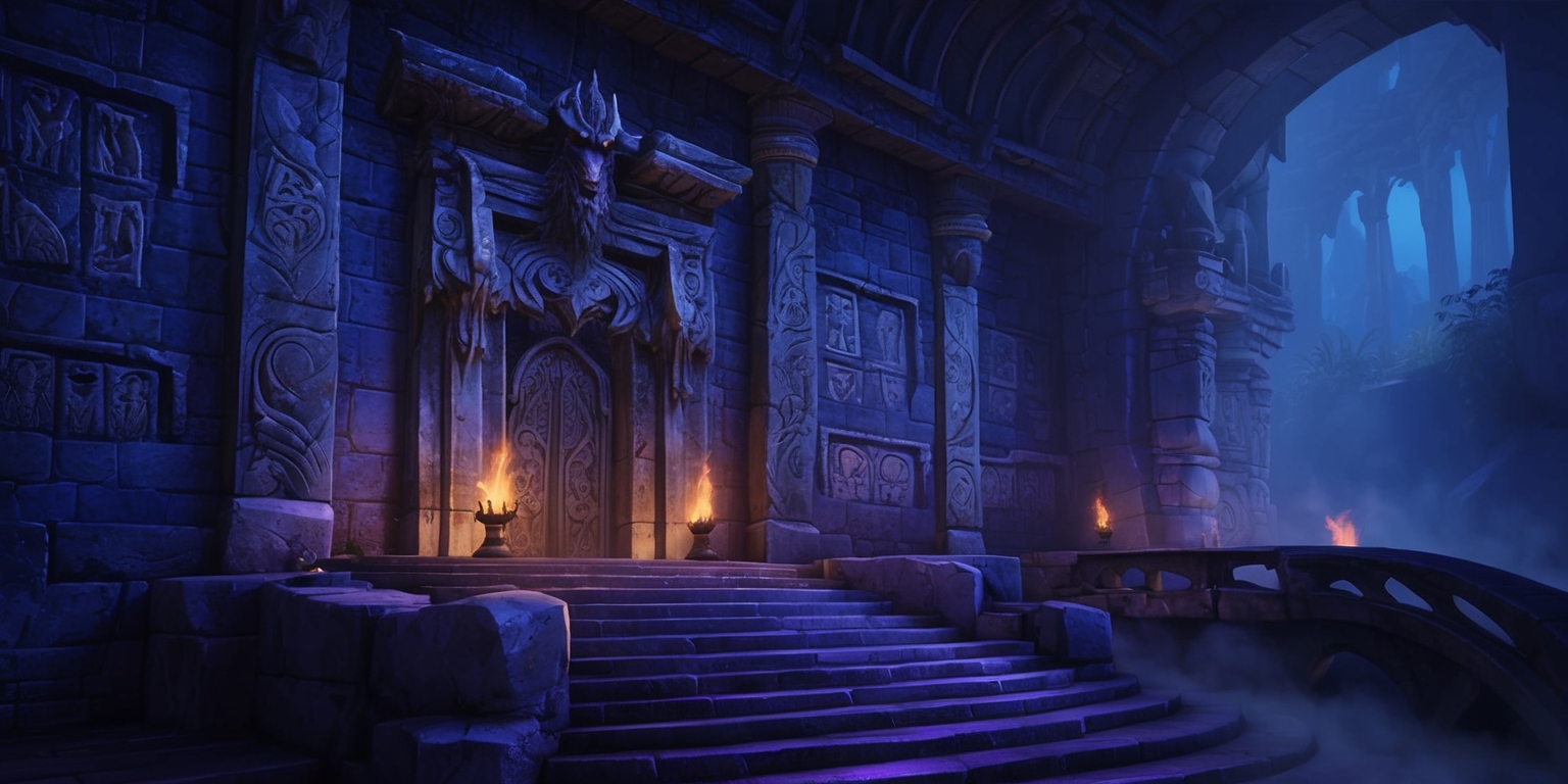 A dimly lit, mystical World of Warcraft dungeon with ancient stone walls, adorned with intricate carvings of mythical creatures and mysterious runes, set against a backdrop of deep blues and purples, evoking an atmosphere of foreboding and ancient magic, with flickering torches casting eerie shadows, and a sense of grandeur conveyed through the sprawling architecture, perhaps featuring a imposing, ornate door, or a dramatic, curved stairway, with hints of mist or fog rolling in, and subtle, ambient lighting that suggests the presence of unknown dangers or hidden treasures.