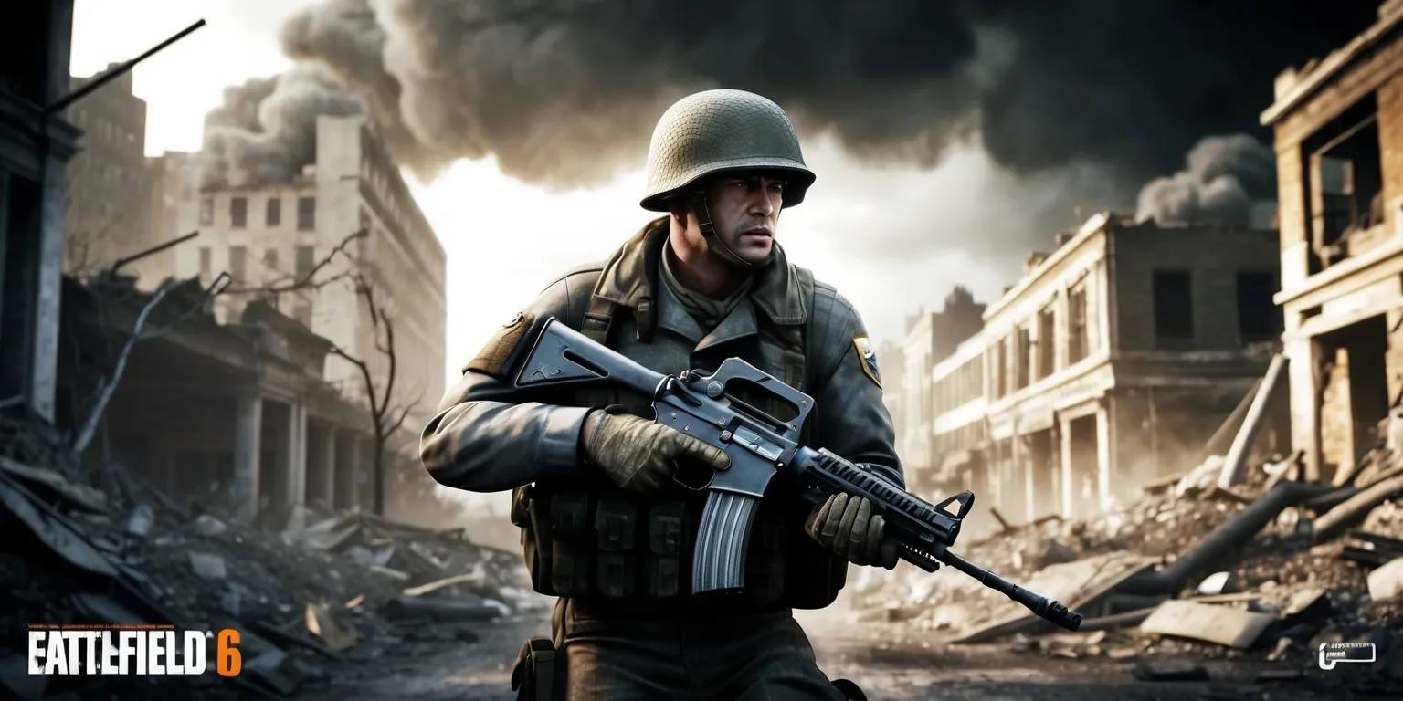 A first-person shooter game scene from Battlefield 6, with a chaotic and intense atmosphere, set in a war-torn city with destroyed buildings and rubble-filled streets, featuring a soldier in the foreground with a determined expression, wearing a military uniform and carrying a rifle, with a gritty and realistic visual style, and a color palette dominated by earthy tones such as browns and grays, with a shallow depth of field to emphasize the soldier's figure, and a subtle lens flare to enhance the dramatic effect, under a dark and ominous sky with thick clouds of smoke and dust.