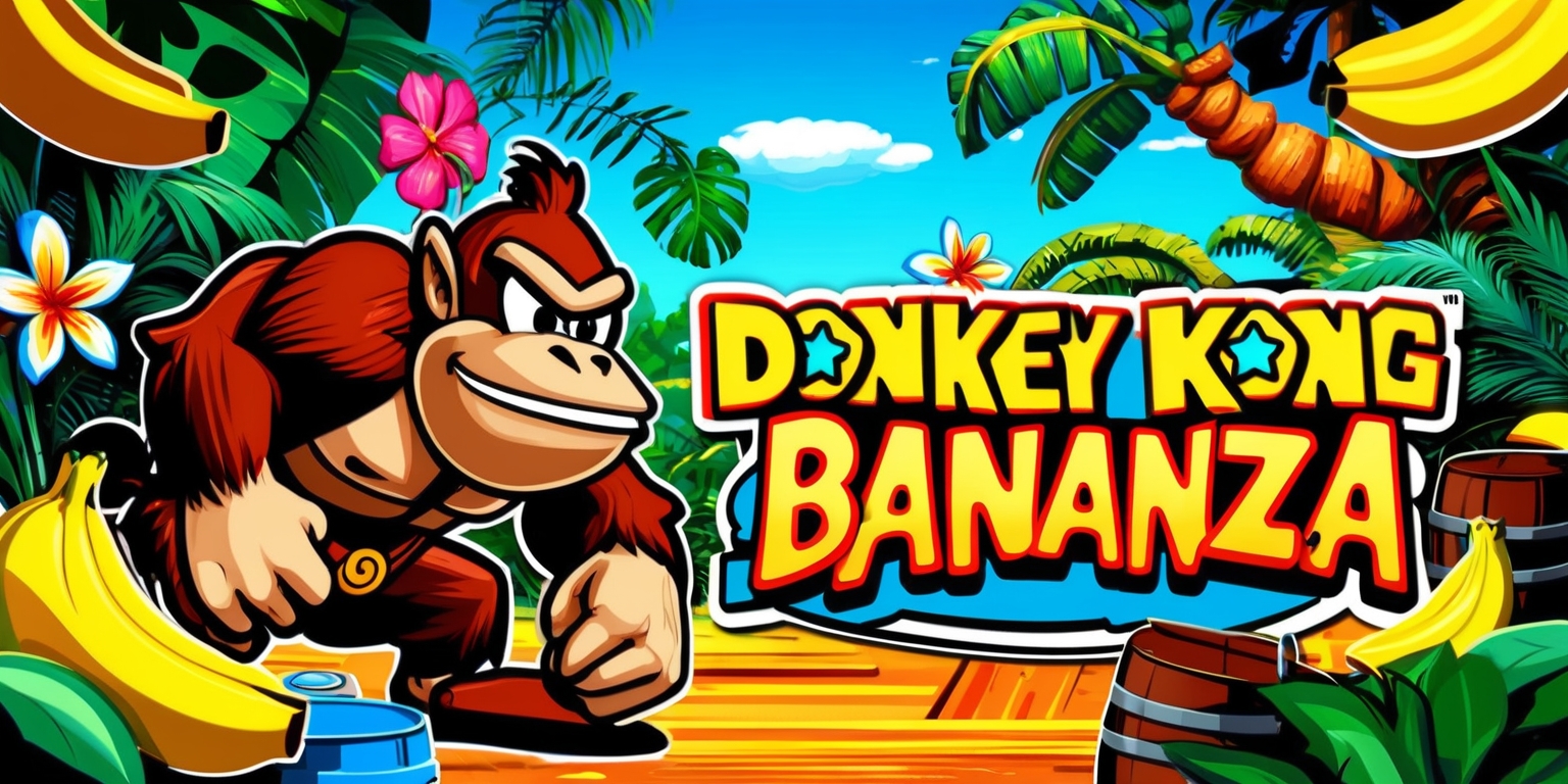 A vibrant and dynamic illustration of the Donkey Kong Bananza game, featuring Donkey Kong as the main character, with a strong facial expression and defined muscular build, set against a lush jungle backdrop with exotic green foliage, colorful flowers, and a bright blue sky, incorporating bold lines, textured details, and a mix of warm and cool colors, with the game's logo prominently displayed in a fun, playful font with golden lettering and a red outline, surrounded by juicy bananas, barrels, and other game elements, all carefully composed to create a sense of energy and excitement, with a focus on capturing the essence of the classic arcade game in a modern, visually appealing way.