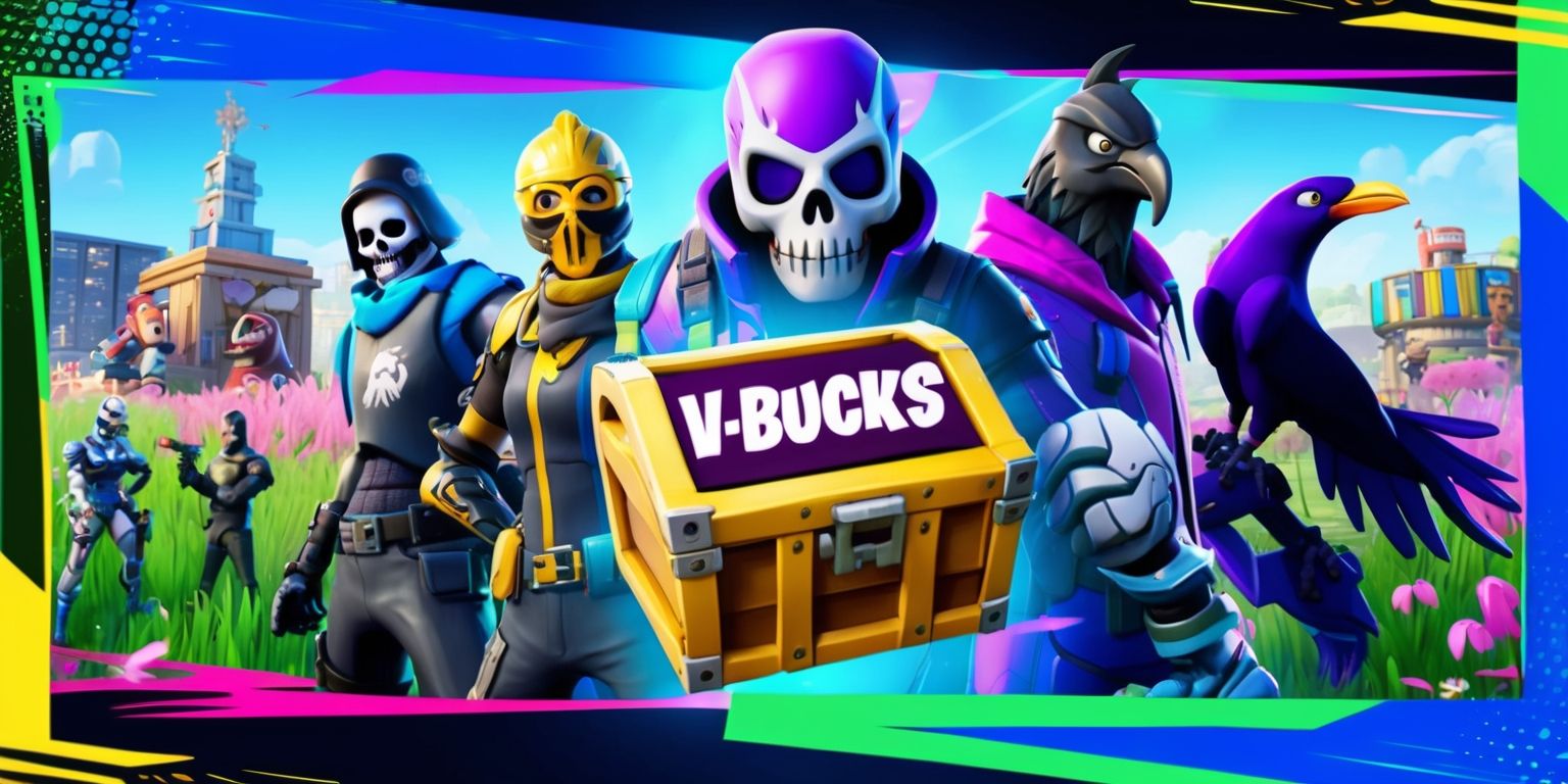 A vibrant and detailed digital image of the popular Fortnite game, featuring a V-Bucks filled chest in the center, surrounded by various characters like Skull Trooper and Raven, with distinct facial features and unique attributes, set against a backdrop of a colorful and chaotic battle royale scene with Loot Llamas and buildings in the distance, incorporating a mix of bright colors like blue, green, and yellow, with a dynamic layout and framing that captures the energetic and adventurous essence of the game, including subtle textures and lighting effects to enhance the overall visual experience.