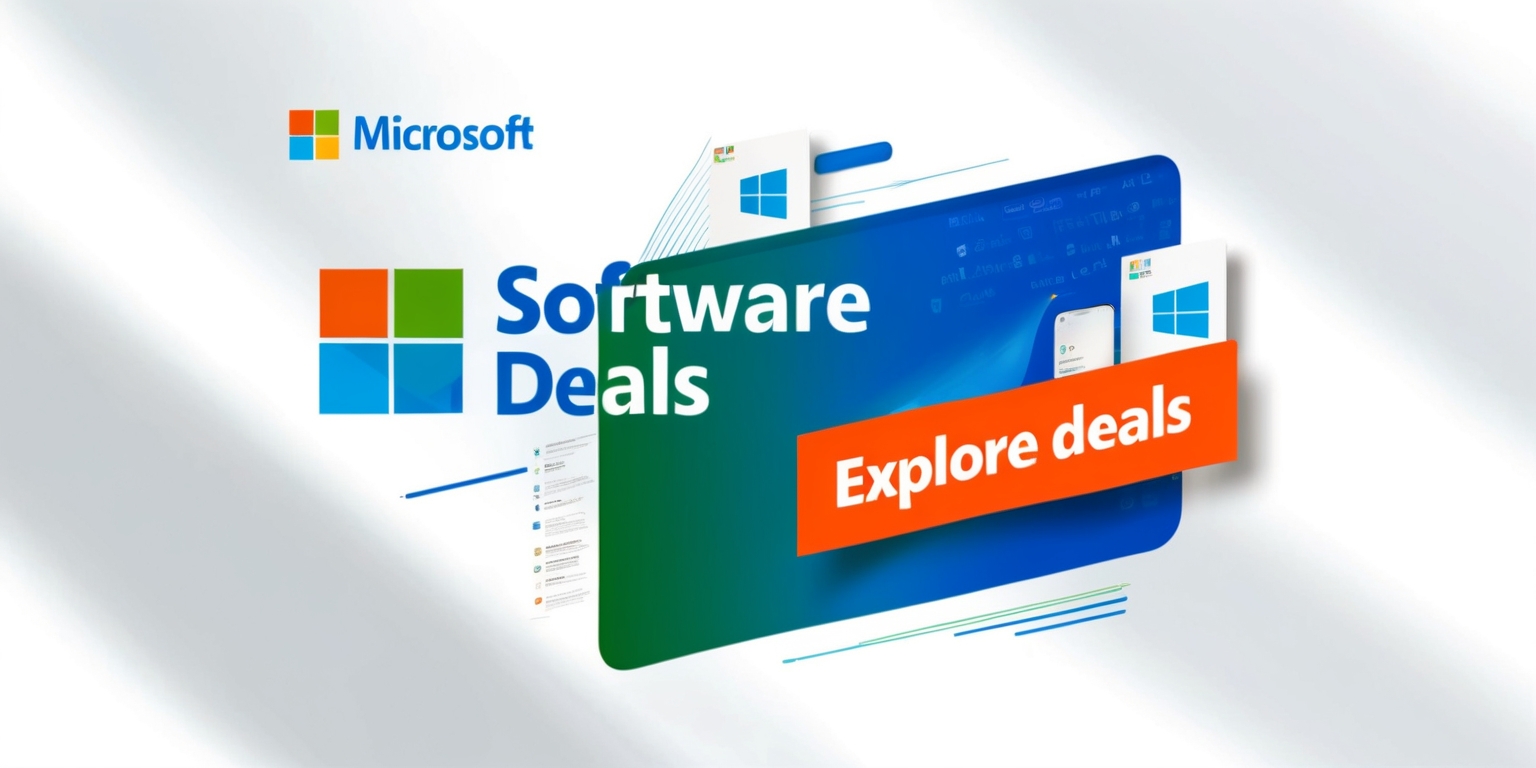 A bright and modern digital illustration of a Microsoft Software Deals article, set against a clean and minimalist white background, with bold and vibrant colors, featuring the Microsoft logo prominently in the top-left corner in its signature blue and green hues, with the words Software Deals written in a sleek, sans-serif font next to it, in a slightly gradient blue tone, surrounded by subtle digital patterns and shapes that evoke a sense of technology and innovation, with a few strategically placed icons and thumbnails of popular Microsoft software such as Office and Windows, with a subtle drop shadow and slight 3D effect to give the illustration a sense of depth and visual interest, and a bold call-to-action button at the bottom right with the text Explore Deals in a bright and attention-grabbing orange color, to create a visually appealing and informative image that would grab the attention of potential customers.