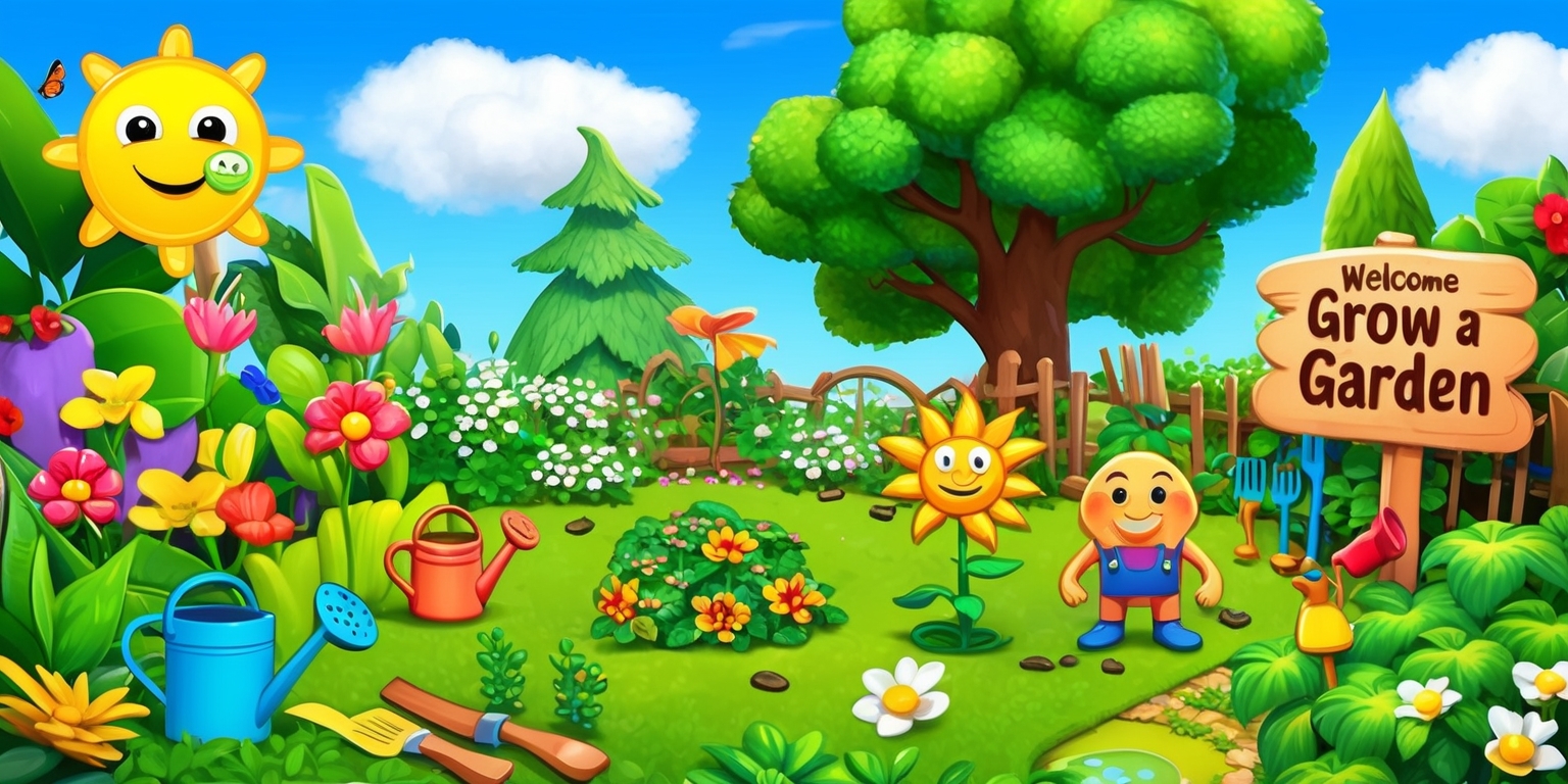 A colorful digital illustration of a whimsical garden scene for the Grow a Garden game, featuring vibrant green plants, blooming flowers, and towering trees, with a bright blue sky and fluffy white clouds in the background, and a variety of garden tools and accessories, such as watering cans, rakes, and seeds, scattered throughout the scene, with a few friendly-looking cartoon characters, including a smiling sun with facial features and a green thumb, surrounded by lush foliage and vibrant textures, and a subtle wooden fence with a welcome sign that reads Grow a Garden in bold, curly letters, with the game's logo, a stylized leaf with a smile, prominently displayed in the top left corner of the image.