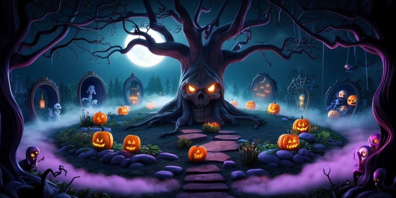 A mystical and eerie Ghoul Garden event scene set in a dark moonlit night, with twisted tree branches and gnarled roots, surrounded by a haunting fog that rises from the ground, the garden is filled with glowing jack-o-lanterns and spider web covered stones, in the center a large ancient tree stands tall with glowing eyes, the game elements are integrated into the environment, with ghostly figures and ghoul characters lurking in the shadows, the overall atmosphere is spooky and mysterious, with a sense of excitement and adventure, the colors are dark and muted, with shades of purple, blue, and green, and the style is reminiscent of a horror themed carnival, with bold lines and vibrant details.