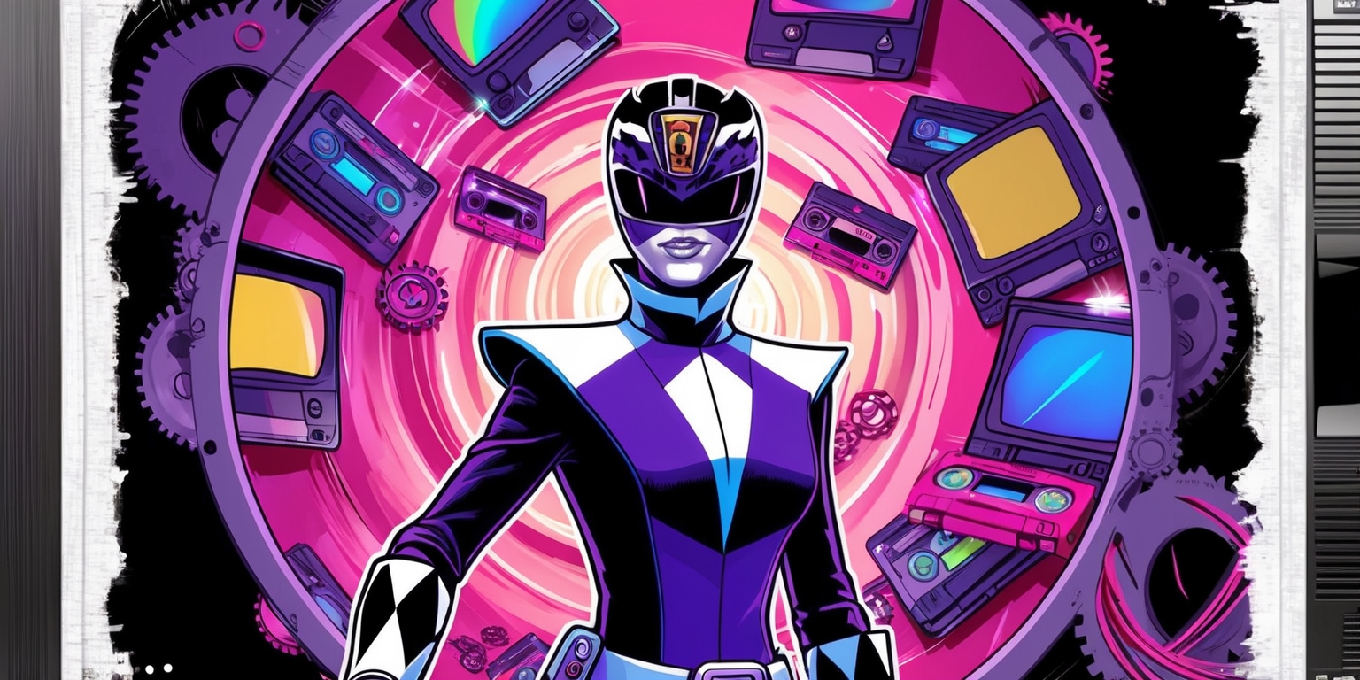 A vibrantly colored illustration of Rita Repulsa, the iconic villain from the Mighty Morphin Power Rangers, standing in front of a swirling vortex of clockwork gears, cassette tapes, and TV screens, all nostalgic nods to the classic 90s era, with a rewind symbol prominently displayed on her forehead, as if controlling the flow of time itself. Rita's outfit is a modern twist on her classic attire, with a sleek, high-collared coat, gloves, and a crown adorned with gemstones. Her facial features are sharply defined, with a sly, cunning expression. In the background, subtle hints of the Power Rangers' iconic Zords and Megazord can be seen, distorted and warped as if reflected in a funhouse mirror. The overall aesthetic is a bold, saturated blend of pink, purple, and blue hues, with sharp lines and dynamic composition, evoking the sense of excitement and adventure found in the beloved TV show. The image is framed by a rough, VHS-inspired border, complete with static and tracking lines, adding to the retro futurism vibe.