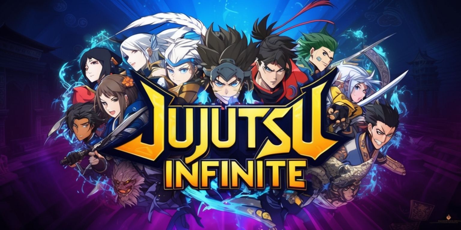 A vibrant digital illustration of the Jujutsu Infinite game, featuring a bold and dynamic layout with a dark fantasy anime style, set against a deep blue and purple gradient background, with intricate details and textures, including various characters from the game, each with unique facial features, skin tones, and distinctive attire, amidst a flurry of cursed energy and special effects, with the game's logo prominently displayed in a stylized, golden font with sharp edges and a subtle glow effect, surrounded by subtle hints of Japanese-inspired architecture and mystical symbols, with a focus on capturing the game's intense action and dark fantasy elements.