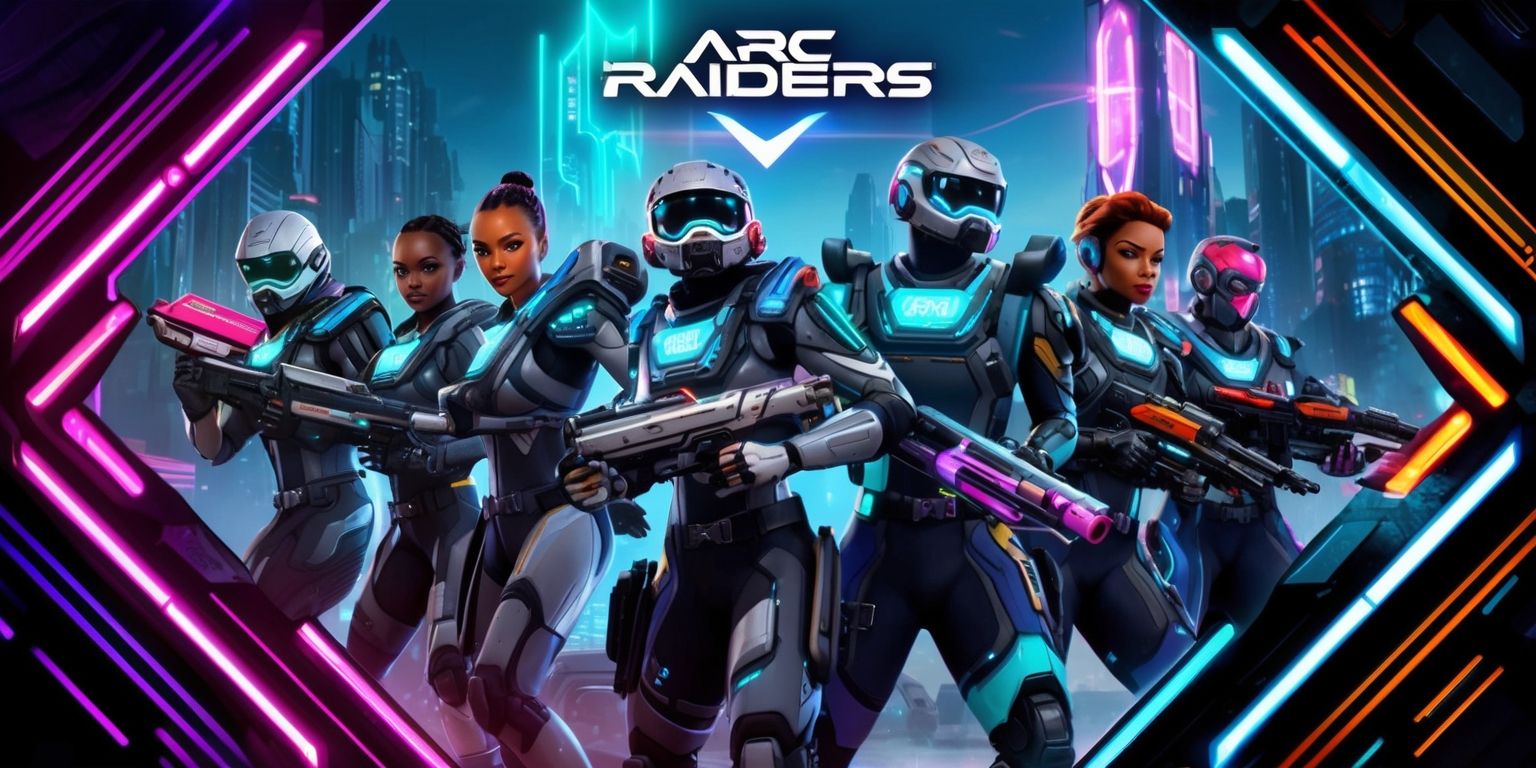 A futuristic sci-fi scene depicting the Arc Raiders game, with a vibrant color palette and dynamic lighting, showcasing a group of raiders in sleek, high-tech suits, with diverse facial features, varying skin tones, and unique attributes, set against a backdrop of a dystopian, cyberpunk cityscape with neon lights and ominous skyscrapers, the composition featuring a mix of sleek lines, metallic textures, and bold, geometric shapes, with the game's logo prominently displayed in a stylized, neon-lit font, and the overall aesthetic exuding a sense of action, adventure, and otherworldly excitement, with the raiders poised and ready for battle, their suits adorned with intricate details, holographic displays, and an array of advanced weaponry.