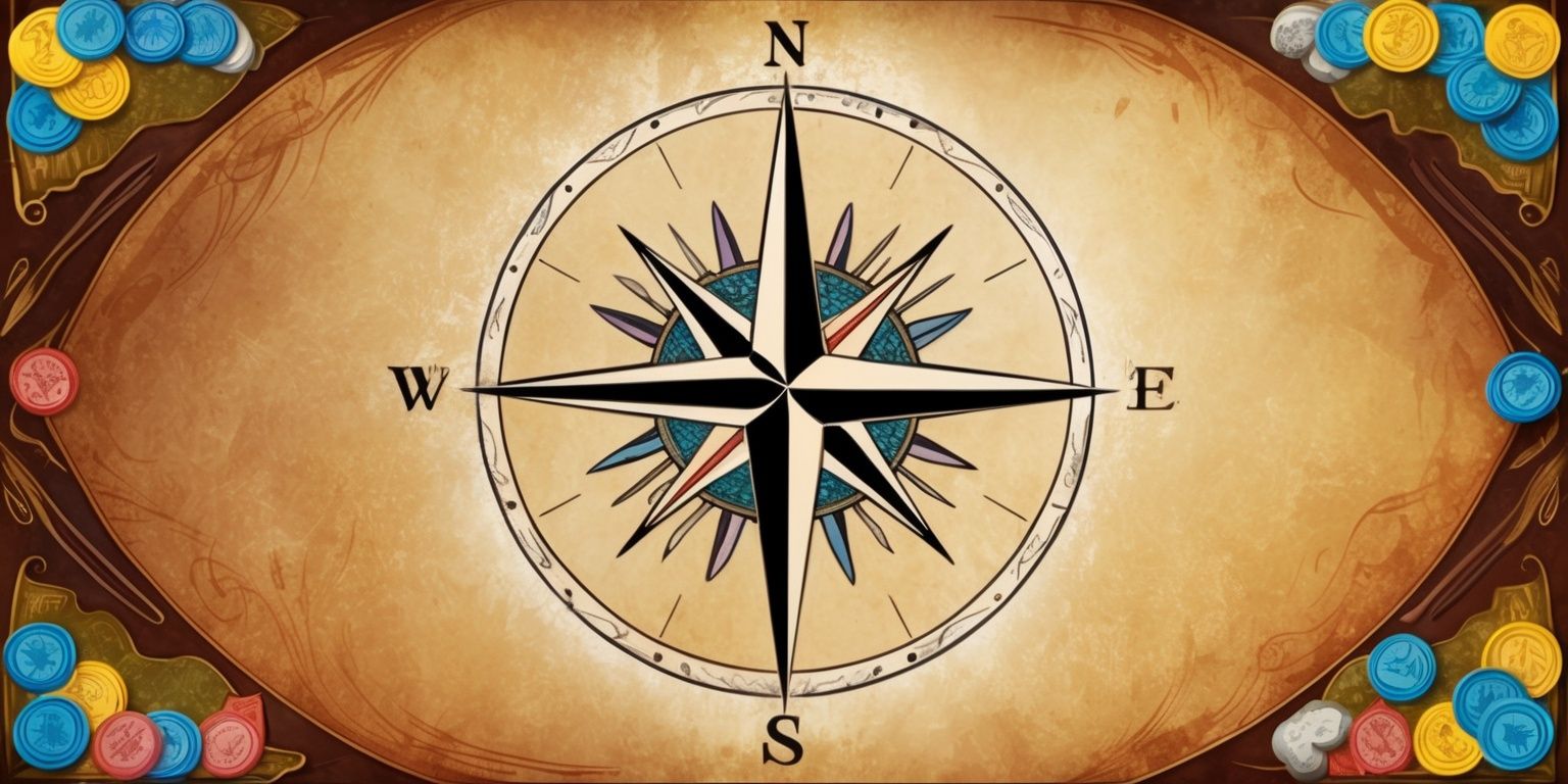A beautifully designed Windrose game board with a large compass rose at its center, featuring intricately drawn arrows pointing towards the four cardinal directions, set against a warm, earthy background with a subtle texture, surrounded by colorful game pieces and players' tokens, with a faint glow effect to evoke a sense of adventure and exploration, the overall aesthetic is reminiscent of a vintage nautical map, with bold lines and vibrant colors, the compass rose is adorned with delicate patterns and flourishes, adding a touch of elegance and sophistication to the overall design.