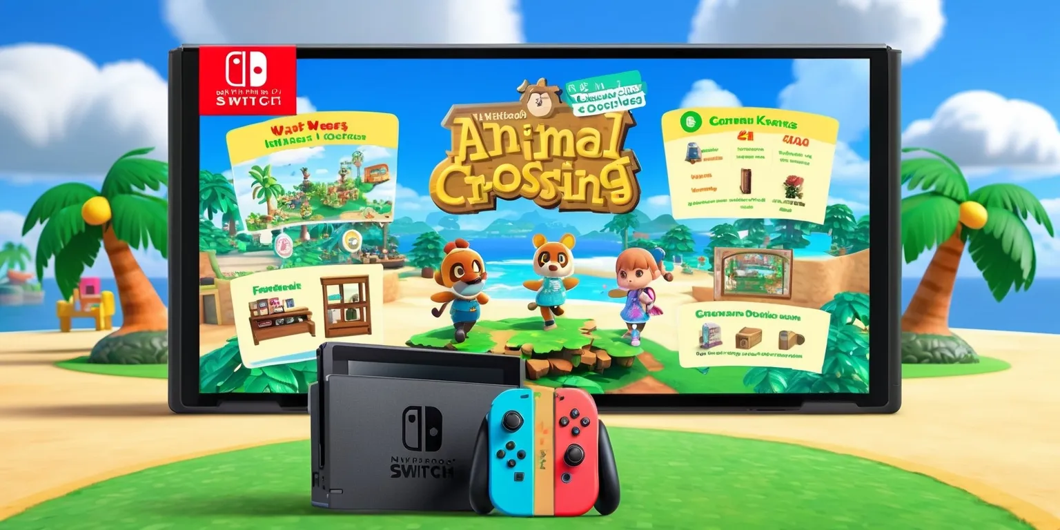 A colorful digital illustration of the Animal Crossing: New Horizons game update on a Nintendo Switch screen, featuring Tom Nook and other beloved characters from the game, with vibrant island scenery and various new update features prominently displayed, including new furniture items, seasonal events, and expanded customization options, all set against a warm and inviting sunny backdrop with fluffy white clouds and lush green palm trees, with a mix of bright pastel hues and earthy tones, and the Nintendo Switch console and controllers placed prominently in the foreground.