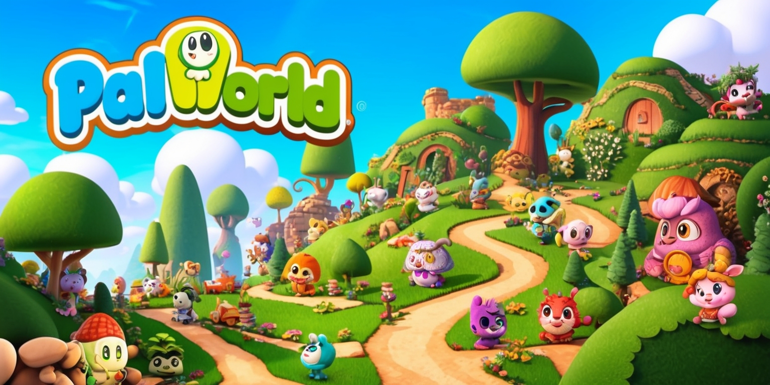 A vibrant and colorful digital illustration of the Palworld game, featuring a fantastical landscape with rounded hills, towering trees, and winding paths, populated by a variety of adorable, anthropomorphic creatures known as Pals, each with unique features, textures, and accessories, showcasing their playful and curious nature, set against a bright blue sky with puffy white clouds, with intricate details and textures reminiscent of a mix between Japanese anime and Western fantasy, including subtle lighting effects and soft, blurred shadows, with the game's logo, a stylized, curved font with bold, rounded letters and a accompanying icon of a Pal's face, placed prominently in the top-left corner of the frame.