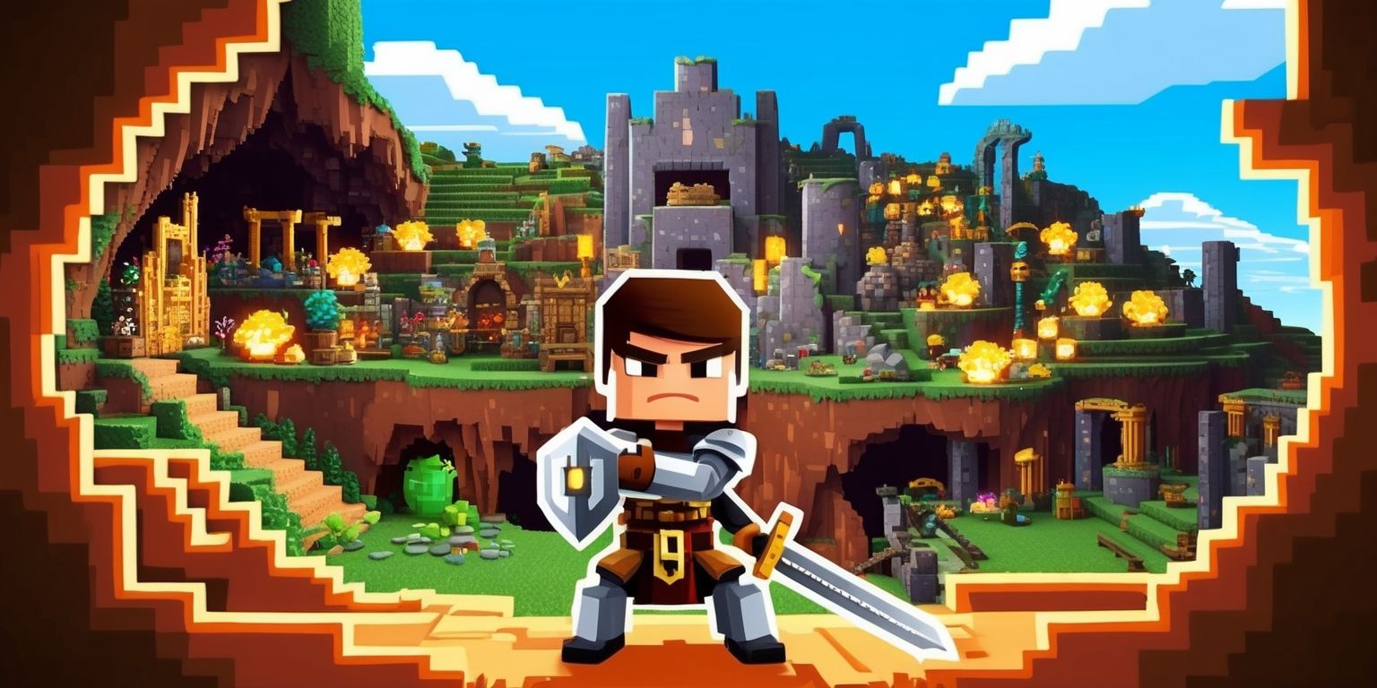 A vibrant 2D pixel art scene from the Terraria game, featuring a character with a determined expression, wearing a suit of armor and holding a sword, standing in front of a sprawling underground cave filled with glowing ores, treasures, and mysterious ruins, with a bright blue sky and fluffy white clouds visible in the background, the color palette is dominated by earthy tones such as brown, green, and beige, with accents of shiny metals and glowing gems, the character's skin has a warm golden undertone, and the entire scene is set against a stylized terracotta-colored rock formation, with intricate details and textures that evoke a sense of adventure and exploration.