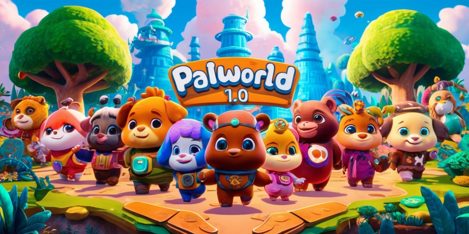 A vibrant and colorful digital artwork depicting the main characters and creatures from the Palworld 1.0 game, set against a whimsical and futuristic background with lush green trees, towering blue buildings, and fluffy white clouds, featuring a group of adorable and diverse Pals with unique facial features, various skin tones, and distinctive accessories, surrounded by intricate details and textures, with a mix of earthy tones and pastel colors, and a sense of movement and energy, showcasing the game's distinct visual style and charming atmosphere, with bold lines, dynamic poses, and a sense of adventure and friendship.