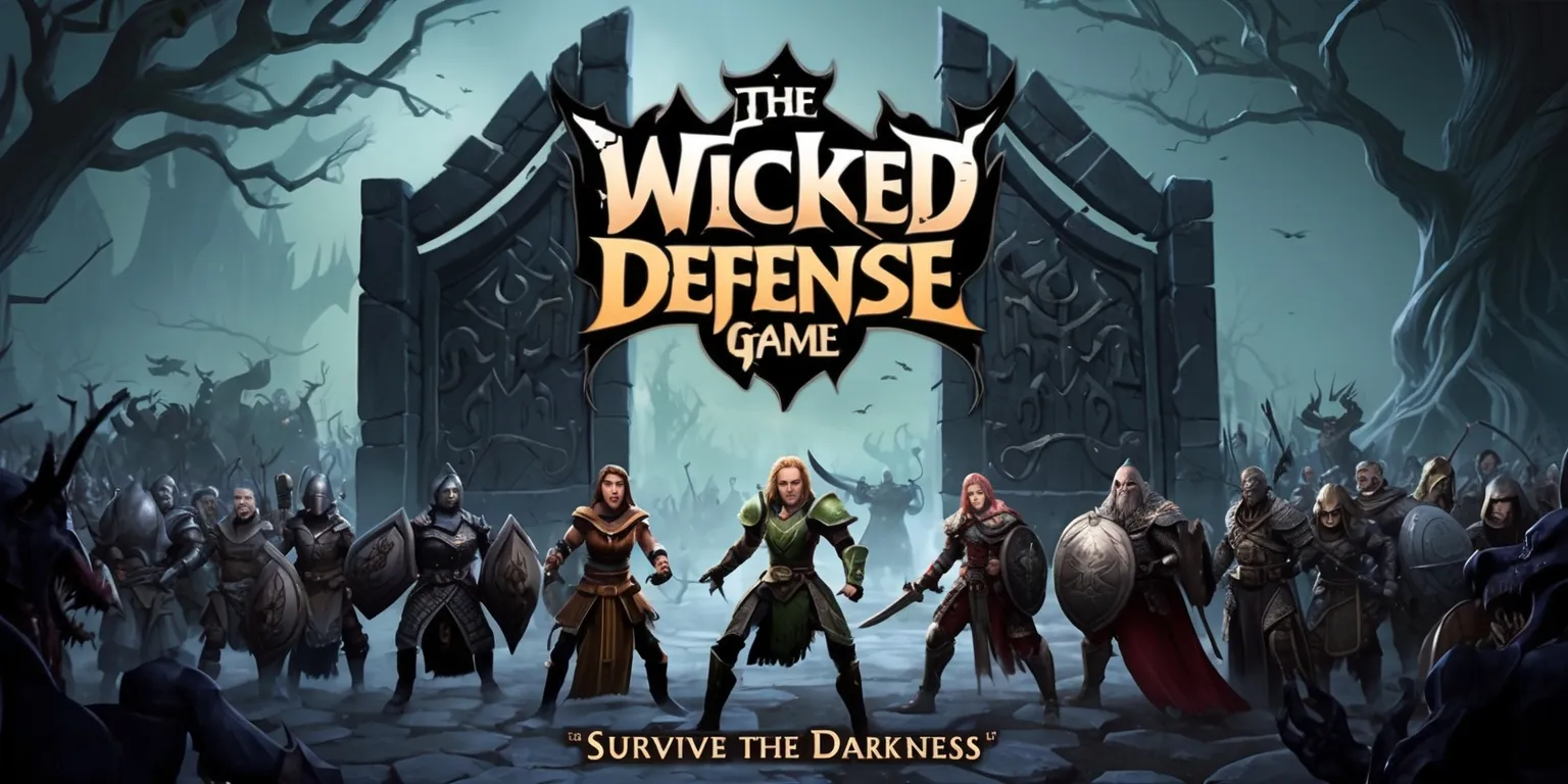 A dark fantasy video game scene depicting the Wicked Defense game, with a muted color palette and ominous lighting, set against a backdrop of a mystical realm with twisted trees and eerie mist, featuring a group of brave warriors with determined facial expressions, varying skin tones, and unique armor sets, standing defiantly in front of a massive stone gate with intricate carvings, as they prepare to face a horde of menacing creatures, with the game's logo emblazoned in bold, gothic letters at the top of the image, in a font with sharp edges and a metallic sheen, with the tagline Survive the Darkness written in smaller text below the logo, in a curved line that follows the shape of the game's title.