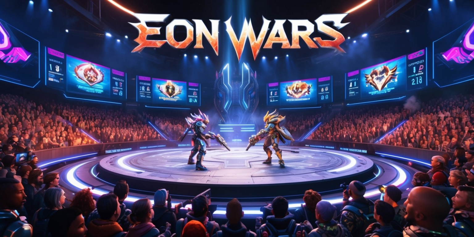 A futuristic battle arena game scene with a large circular stage, surrounded by a cheering crowd of diverse spectators with varying skin colors and facial features, all fixated on the action unfolding before them, the arena itself illuminated by a vibrant array of colors from flashing neon lights and massive screens displaying player stats and logos in bold, dynamic fonts, the game's title Eon Wars emblazoned across the top of the stage in sharp, metallic letters, with two players standing at opposite ends of the stage, each wielding unique, high-tech weapons and wearing intricate, futuristic armor that reflects the light of the arena, the atmosphere charged with anticipation and competition.