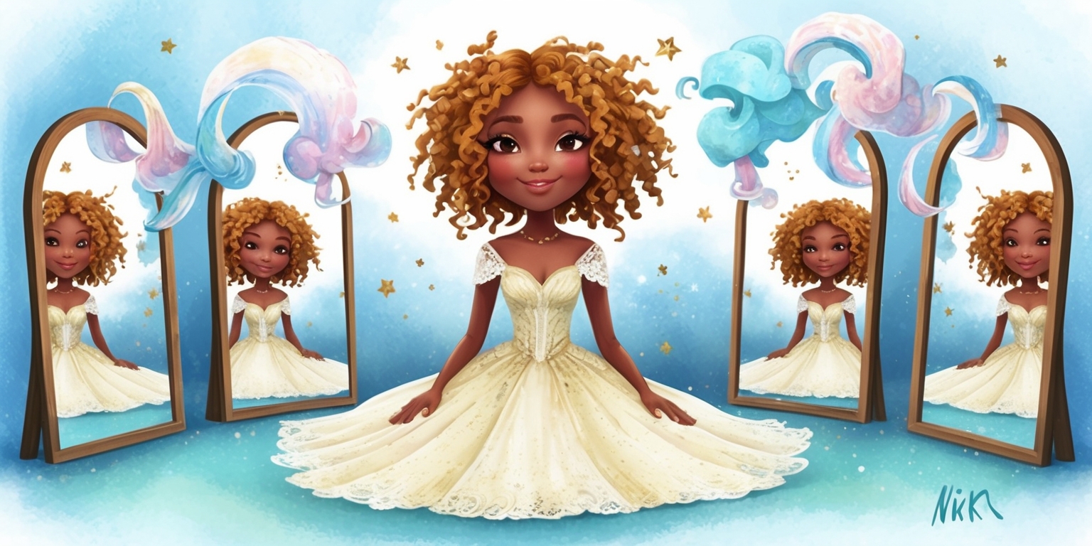 A whimsical illustration of Nikki, the protagonist of Infinity Nikki, sitting in a fantastical, dreamlike environment, surrounded by swirling clouds, stars, and fragmented mirrors, which reflect multiple versions of herself, symbolizing the infinite possibilities within the game. Nikki's facial expression is serene, with a gentle, enigmatic smile, and her skin has a soft, porcelain-like complexion. Her hair is a wild tangle of curly, honey-blonde locks. She wears a flowing, ivory-white dress with intricate lace details and a subtle, glittering sheen. The background is a soft, gradient blue, evoking a sense of wonder and magic. The overall style is reminiscent of watercolor paintings, with delicate, feathery brushstrokes and subtle texture. The composition is balanced, with Nikki centered, surrounded by the whimsical elements, and the mirrors' reflections creating a sense of depth and infinity.