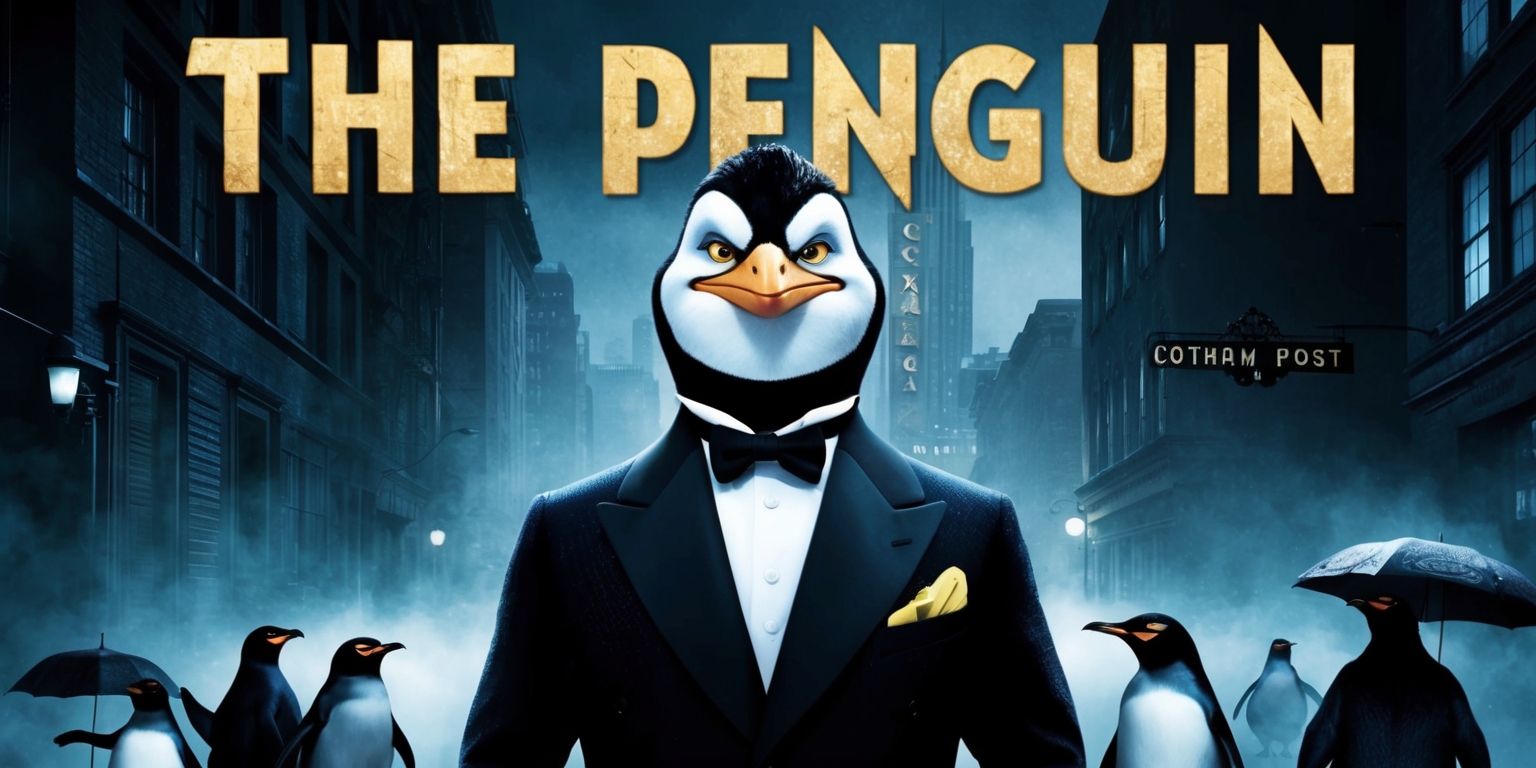 A cinematic poster featuring the iconic characters from the 1960s television show The Penguin series, set against a dark, gritty urban backdrop reminiscent of Gotham City. The Penguin, portrayed by actor Burgess Meredith, stands front and center, dressed in his signature umbrella-wielding, tuxedo-clad attire, with a sly, mischievous grin spreading across his pale, make-up-adorned face. His eyes gleam with cunning intelligence, shadowed by thick, bushy eyebrows. In the background, a subtle cityscape looms, complete with towering skyscrapers, fog-shrouded alleys, and Gotham City's iconic Gotham Post sign. The color palette is predominantly dark blues, blacks, and grays, with hints of eerie green from the city's neon lights. The entire composition exudes a sense of sophisticated, vintage noir, with bold, bold typography emblazoned across the top of the poster in golden lettering, reading 'The Penguin'.