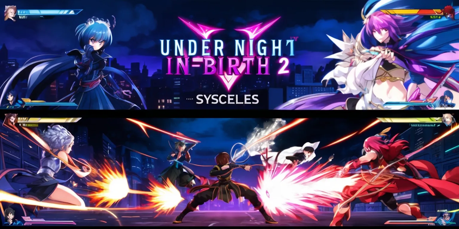 A screenshot from the fighting game Under Night In-Birth 2 Sys:Celes, featuring a vibrant and dynamic 2D anime-style visual aesthetic, with a dark blue and purple nighttime cityscape background, characters with intricate details and colorful costumes, and special effects like glowing auras and blasts of energy, the game's title and logo in bold, futuristic font with neon lights and metallic accents, the character select screen or an intense battle scene with fighters exchanging blows and showcasing their unique abilities, with a focus on the game's fast-paced action and stunning visuals.