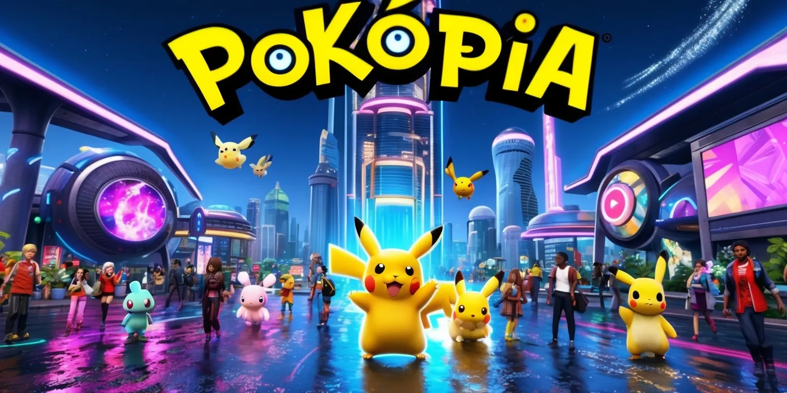 A vibrant, futuristic metropolis serving as the main hub in the Pokopia game, with sleek skyscrapers and neon lights reflecting off the wet pavement, set against a dark blue night sky with a few stars visible, featuring various Pokémon roaming the streets, including a large, glowing Pikachu standing in the center, surrounded by people of diverse skin colors and ages, with some having unique hair styles and clothing, and a large, bold, golden font logo of the Pokopia game emblazoned across the top of the tallest building, with a few flying Pokémon soaring through the air, leaving trails of glitter behind them.