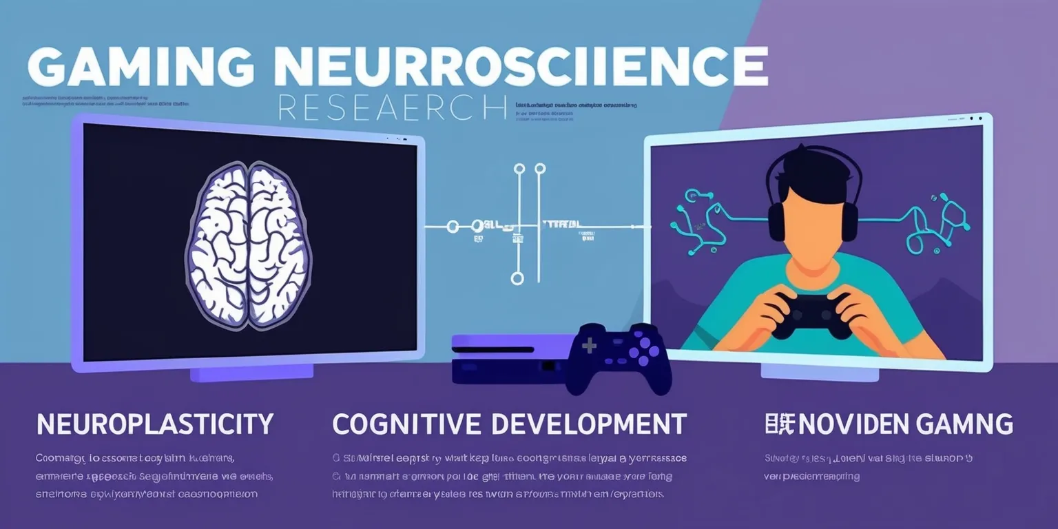 A visually appealing illustration of a gaming neuroscience research article, featuring a split-screen design with a brain scan on one side and a person playing a video game on the other, set against a muted blue and purple background, with bold white and gray fonts highlighting key terms such as neuroplasticity and cognitive development, and incorporating simple diagrams of neurons and synapses, with a faint image of a gaming console and accessories in the background, blending digital and scientific elements to convey the intersection of gaming and neuroscience research.