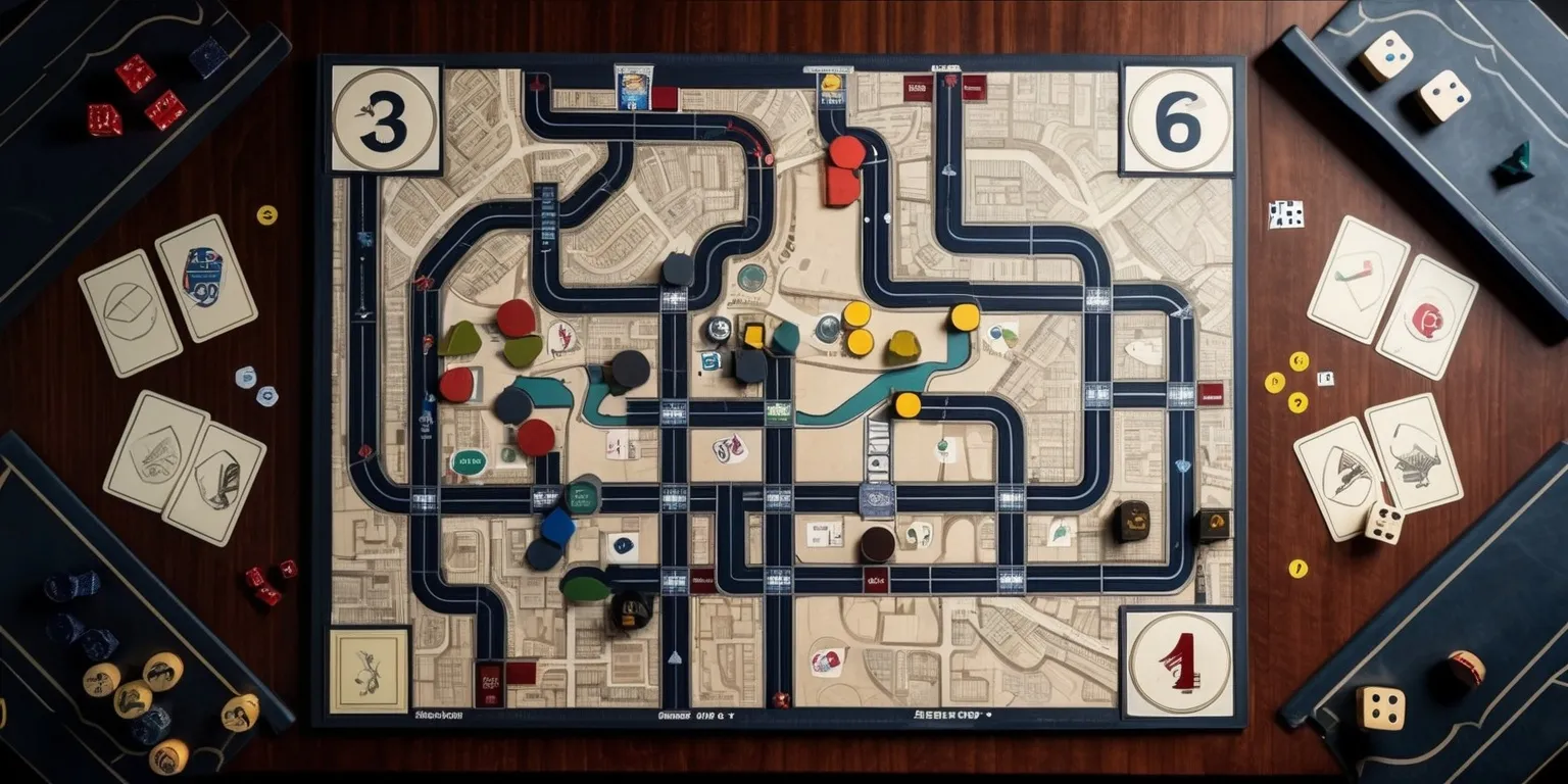 A richly illustrated hidden movement board game viewed from above, featuring a detailed city map board with winding streets, landmarks, alleys, subway lines, and numbered locations. Several colorful player tokens occupy visible positions while one concealed character is represented by face-down cards, covered route markers, or a hidden trail beneath the board, suggesting suspense and strategic pursuit. Include detective-style pieces, movement cards, dice, tokens, and discreet clues arranged around the board. Use a sophisticated tabletop game aesthetic with crisp graphic design, readable symbols, muted navy, charcoal, cream, and deep red accents, subtle shadows, and polished cardboard and wood textures. Compose the scene as an inviting game-night setup with balanced layout, clear visual hierarchy, dramatic directional lighting, and an atmosphere of mystery, deduction, and cat-and-mouse strategy.