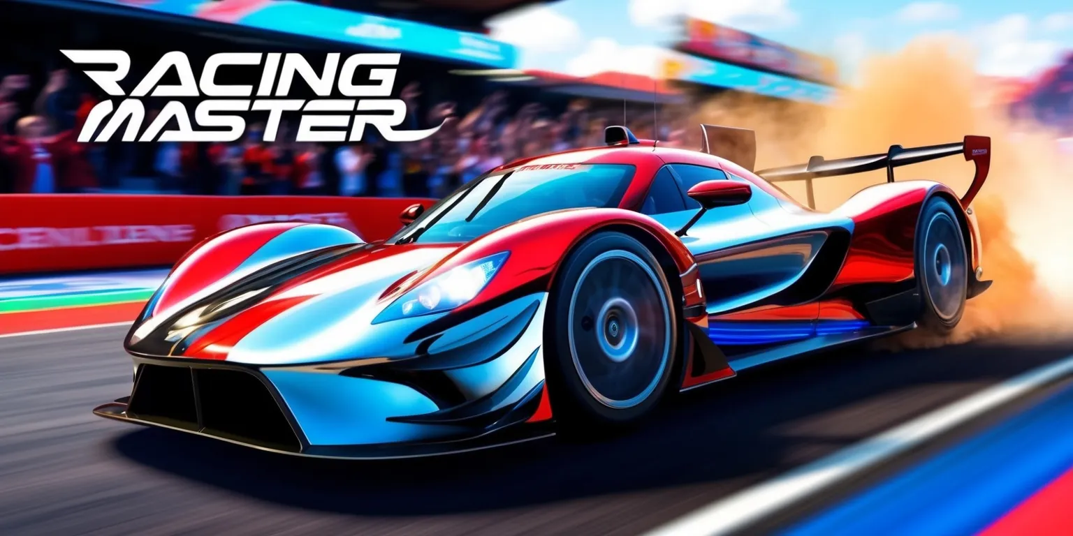 A vibrant and dynamic visual representation of the Racing Master game, showcasing a sleek racing car speeding around a track, with blurred surroundings and a focus on the vehicle's details, set against a backdrop of cheering crowds and vivid advertisements, the car's metallic surface reflecting shades of red, blue, and silver, with the game's logo prominently displayed in bold, futuristic font, featuring a combination of sharp lines and smooth curves, with the text Racing Master emblazoned in a stylized, silver color, as the car takes a sharp turn, kicking up dust and smoke, with the driver's helmet and gloves visible through the cockpit, the overall atmosphere evoking a sense of high-speed competition and adrenaline-fueled action.