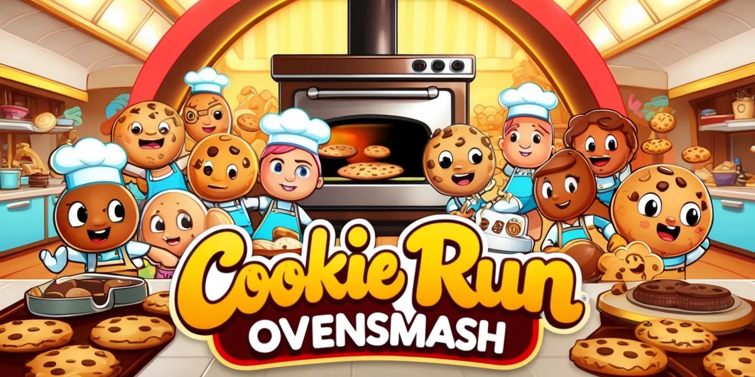 A vibrant and colorful digital illustration of the Cookie Run: OvenSmash game, showcasing a bustling scene with various cookie characters, each with unique facial features and expressive emotions, set against a warm and inviting background with soft golden lighting, featuring a prominent oven as the central element, surrounded by cookies, baking utensils, and other game-related elements, with bold lines, textures, and intricate details, and a mix of bright and pastel colors, including creamy whites, rich browns, and deep reds, with the Cookie Run logo prominently displayed in a curved, cursive font with a golden-brown color, and the OvenSmash title in a bold, uppercase font with a fiery red color, all carefully composed to capture the game's playful and exciting atmosphere.