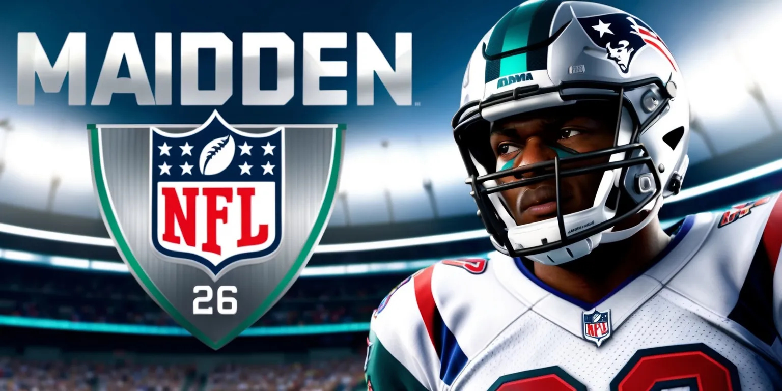Madden NFL 26 game with a realistic football stadium in the background, featuring a prominent logo of the Madden NFL series in bold, modern font with metallic silver and green colors, and a football player in the foreground with a determined expression, wearing a sleek, high-tech football helmet and pads, with a mix of vibrant team colors, on a high-definition, digitally rendered display with a widescreen layout and a slight depth of field effect to emphasize the player, under bright, dramatic lighting with a gradient blue sky.
