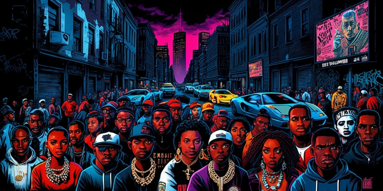 A gritty, high-contrast illustration of a dark, urban cityscape at dusk, evoking the gritty, crime-ridden atmosphere of a trap movie, with bold, vibrant colors and heavy shading, depicting a city street lined with dilapidated buildings, dimly lit alleys, and crowded with people of diverse skin tones and ages, some dressed in streetwear, others in flashy jewelry, with bold, expressive facial features, amidst a backdrop of flashy sports cars, graffiti-covered walls, and neon-lit billboards advertising illicit goods, with the city's underbelly palpable in the air, and the threat of danger lurking around every corner.