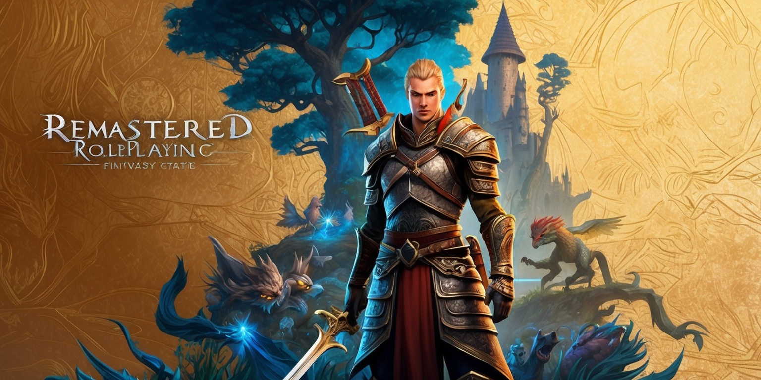 A vibrant and detailed illustration of a remastered role-playing game, with a focus on fantasy elements, set against a richly textured background with warm golden colors and deep blues, featuring a heroic figure with intricate armor, sharp facial features, and a strong jawline, standing proudly with a sword in hand, surrounded by magical creatures and ancient trees, with a subtle glow effect on the character's weapon and a sense of depth and dimensionality in the landscape, incorporating a mix of medieval and mystical architecture styles, and a clear sense of lighting with soft shadows and highlights, all rendered in a highly detailed and realistic style with bold lines and intricate textures.