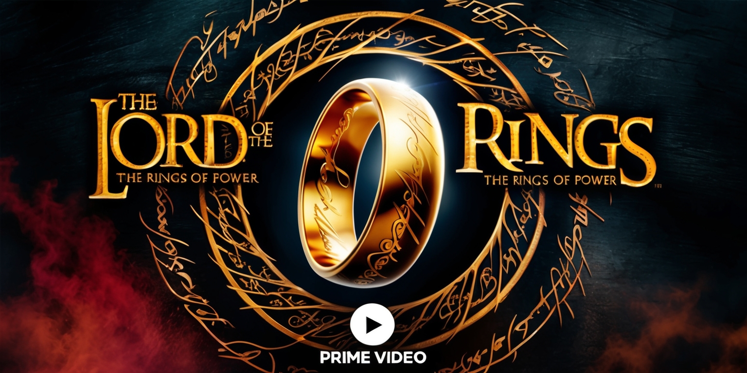 A majestic, cinematic poster featuring the iconic One Ring at its center, surrounded by intricate, golden filigree and ancient runes, evoking a sense of mysticism and power, set against a dark, ominous background with hints of crimson and orange, symbolizing the epic struggle between good and evil in Middle-earth. The title The Lord of the Rings: The Rings of Power is emblazoned across the top in bold, curved, Tolkien-inspired lettering with a worn, weathered texture, while the Prime Video logo is discreetly placed at the bottom in a modern, sleek font. The overall aesthetic is dark, gritty, and action-packed, with subtle hints of fantasy and magic, capturing the essence of a high-stakes, battle-filled narrative.