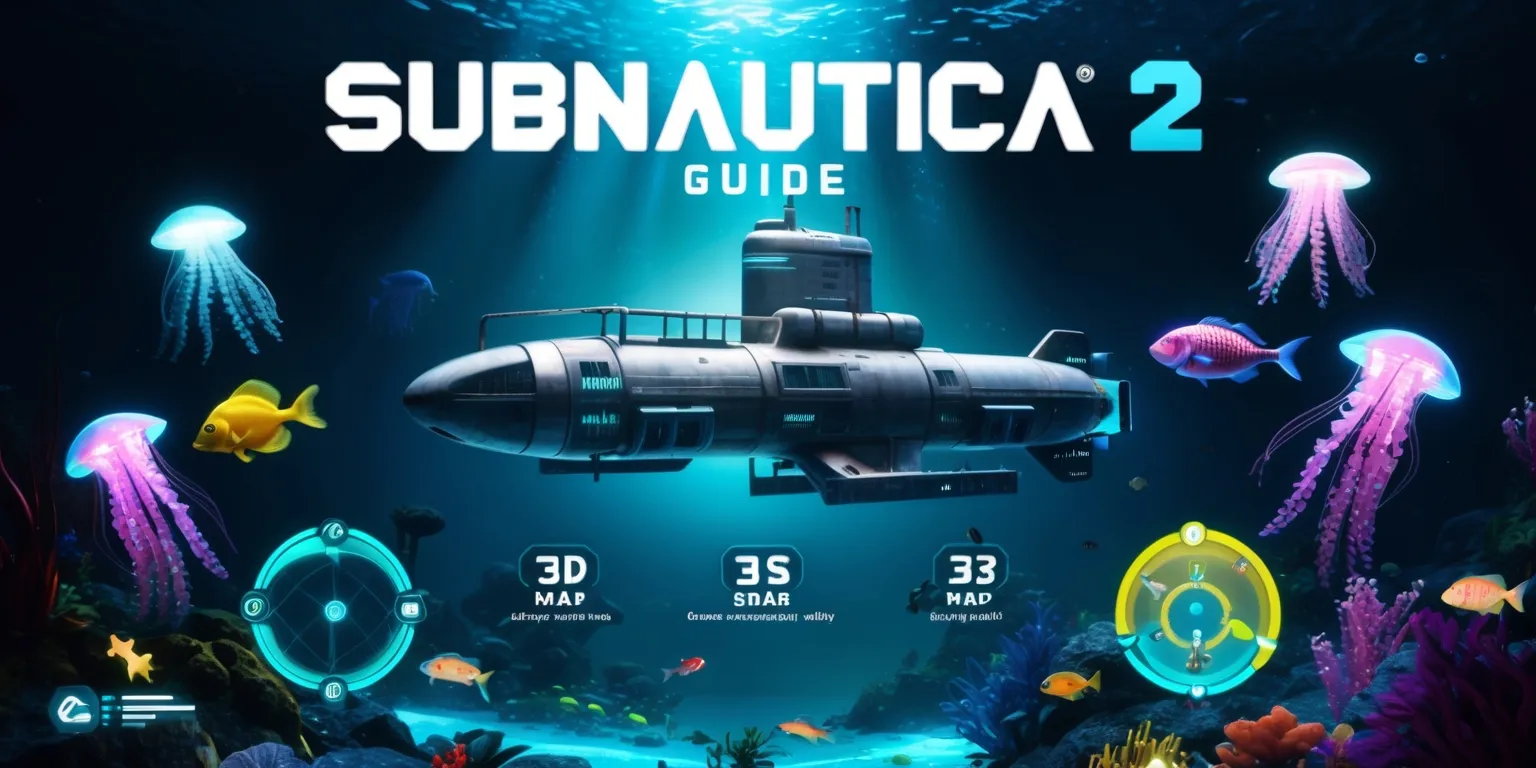 A detailed illustration of an underwater scene from Subnautica 2, with a futuristic submarine in the background, surrounded by vibrant aquatic life, including glowing jellyfish and colorful fish, set against a dark blue oceanic backdrop with sunlight peeking through the waves, the game's logo prominently displayed in bold, metallic letters at the top, with a guide article title written in a modern, sans-serif font, in a bright, electric blue color, overlaid on top of the image, featuring key gameplay elements, such as a 3D map and icons representing different sea creatures, all rendered in a stunning, photorealistic style, with a sense of depth and wonder, inviting players to explore the mysterious ocean world of Subnautica 2.