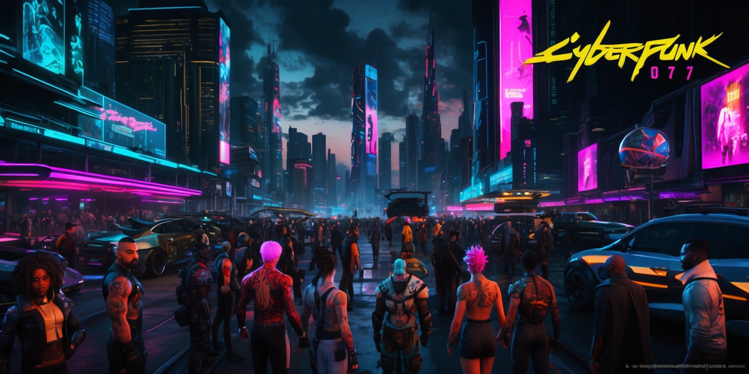 A futuristic cityscape inspired by the Cyberpunk 2077 game, with a dark and gritty atmosphere, set at dusk with neon lights illuminating the dark sky, featuring sleek skyscrapers and bustling streets filled with people of diverse skin colors and unique hairstyles, including characters with vibrant tattoos and cybernetic enhancements, amidst a backdrop of holographic advertisements and sleek vehicles, with a focus on bold colors and dramatic lighting, capturing the essence of a high-tech world with a blend of luxury and decay, and incorporating subtle nods to the game's distinct style and aesthetic, with detailed textures and intricate architecture.