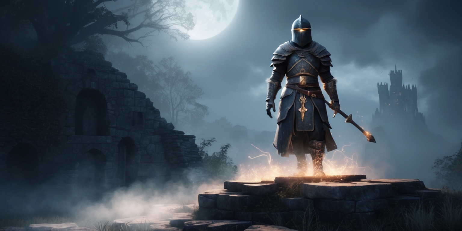 A hauntingly beautiful scene from the dark fantasy RPG Avowed, set in the expansive world of Eora, with a misty and mysterious forest in the background, illuminated by soft, ethereal moonlight; in the foreground, a lone, helmeted figure stands atop a rugged, ancient ruin, clad in battered, dark leather armor, with intricate, glowing runes etched into the metal, their face obscured by the shadows of their helmet, surrounded by the faint, eerie glow of magical energies, with subtle, misty fog swirling around their feet, and in the distance, the faint silhouette of a foreboding, crumbling castle.